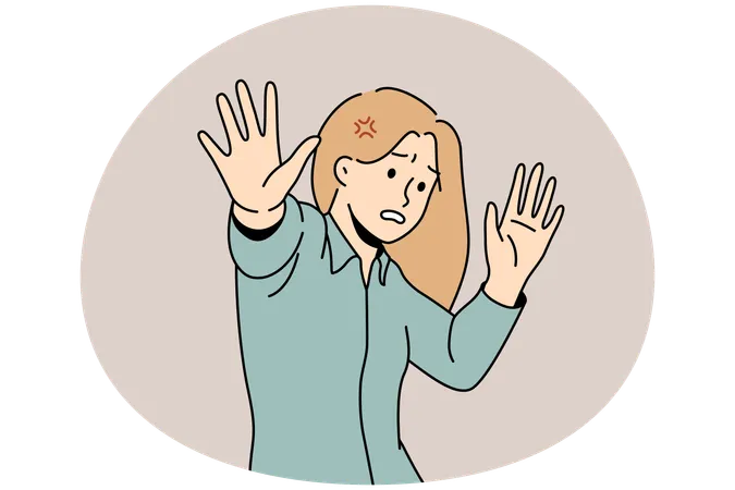 Scared young woman make stop hand gesture feeling danger  Illustration