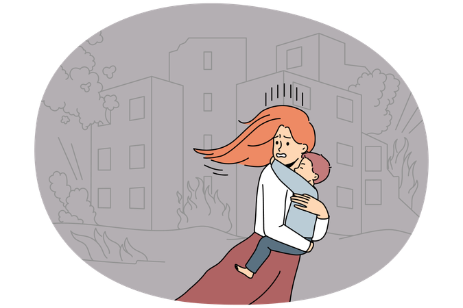 Scared young woman with child in hands running from bombs in city  Illustration