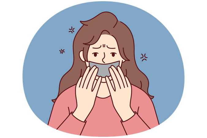Scared young woman with tape on mouth suffer from speech censorship  Illustration