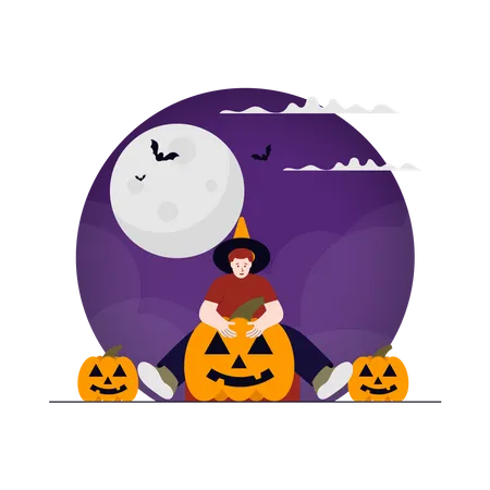 Scary boy doing magic with pumpkin Illustration