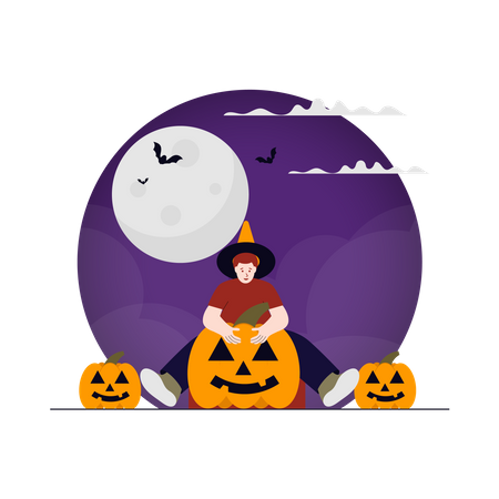 Scary boy doing magic with pumpkin  Illustration