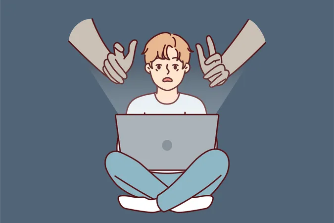 Scary boy watching horror movie on laptop  Illustration