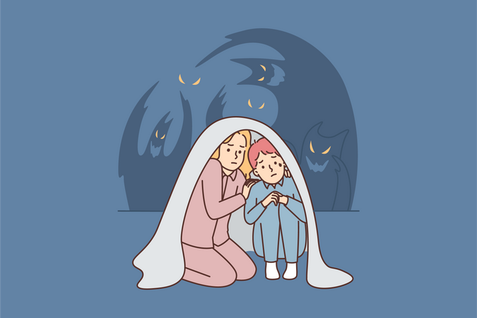 Scary Children hide inside blanket  Illustration