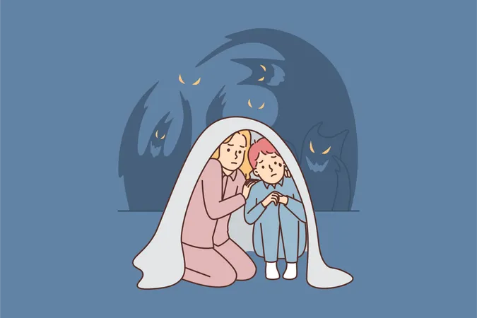 Scary Children hide inside blanket  Illustration