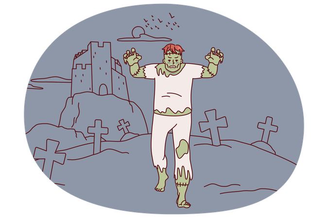 Scary dead zombie walking through cemetery  Illustration