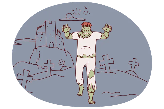 Scary dead zombie walking through cemetery  Illustration