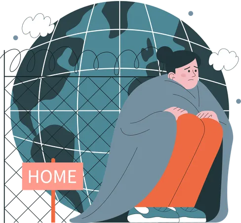 Scary girl Refugee abandone home because of war and look for safe place  イラスト