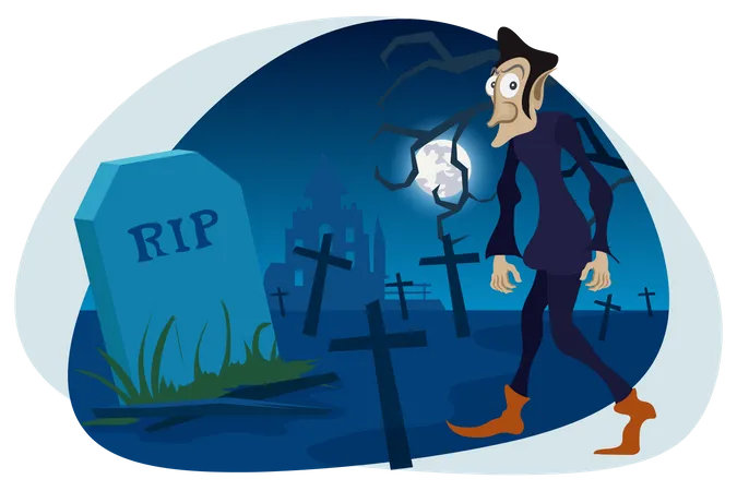Scary man walking in graveyard  Illustration