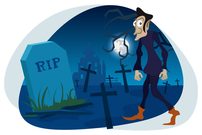 Scary man walking in graveyard  Illustration