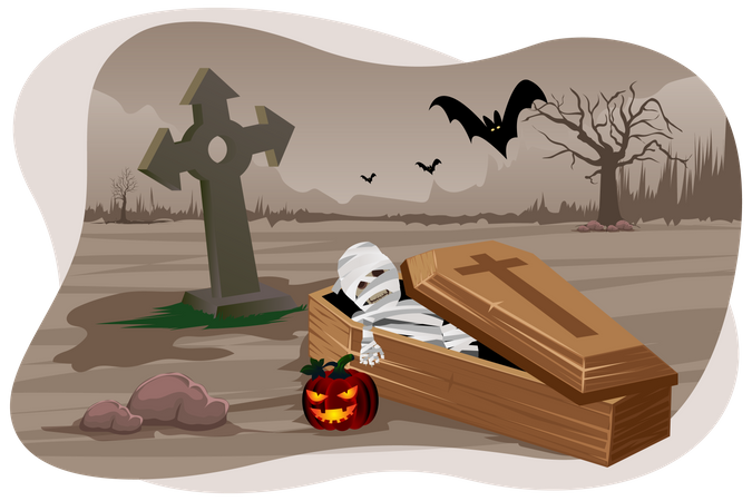 Scary mummy coming out of coffin Illustration