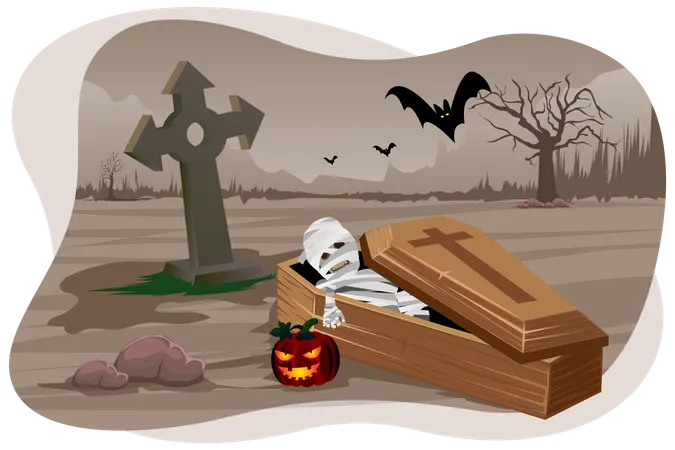 Scary mummy coming out of coffin  Illustration