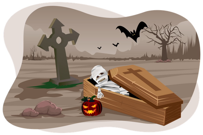 Scary mummy coming out of coffin  Illustration