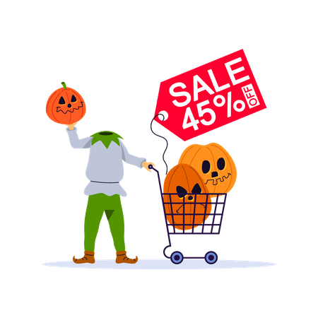 Scary pumpkin doing Halloween shopping  Illustration