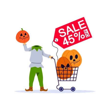 Scary pumpkin doing Halloween shopping  Illustration