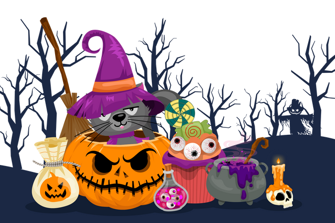 Scary Pumpkin with broom, lollipop, eye, black cat, poison, pot, skull, candle Illustration