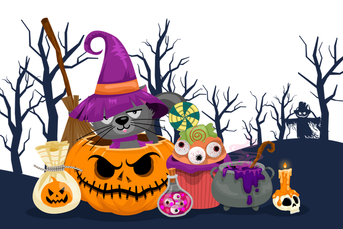 Scary Pumpkin with broom, lollipop, eye, black cat, poison, pot, skull, candle  Illustration