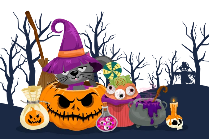 Scary Pumpkin with broom, lollipop, eye, black cat, poison, pot, skull, candle  Illustration