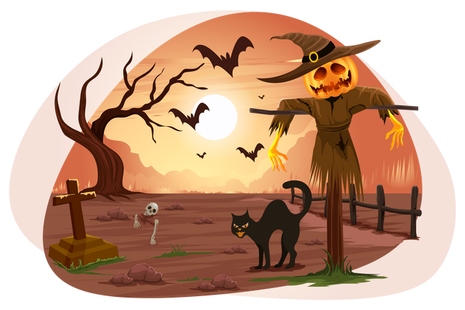 Scary pumpkinface man in graveyard  Illustration