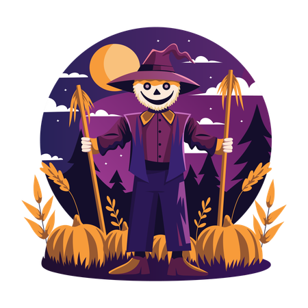 Scary Scarecrow standing in pumpkins field  Illustration