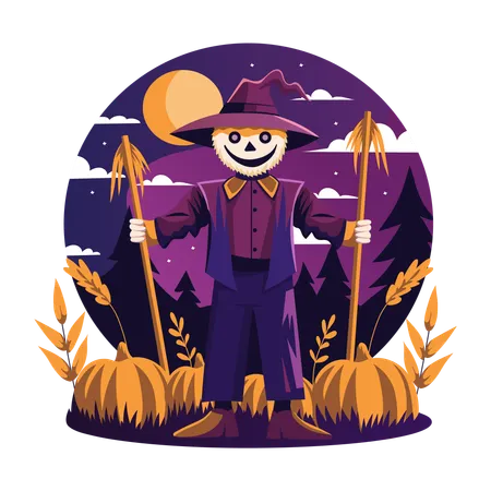 Scary Scarecrow standing in pumpkins field  Illustration