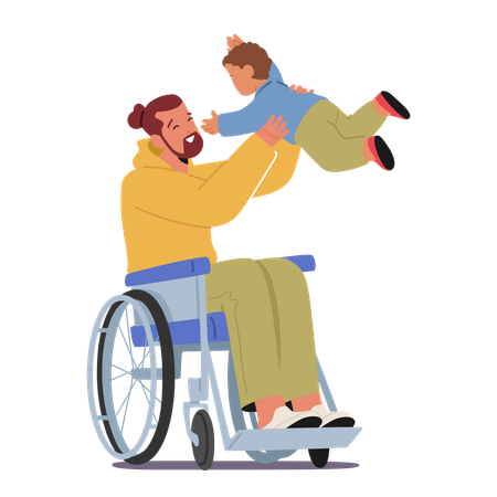 Scène aimante d'un père handicapé en fauteuil roulant  Illustration