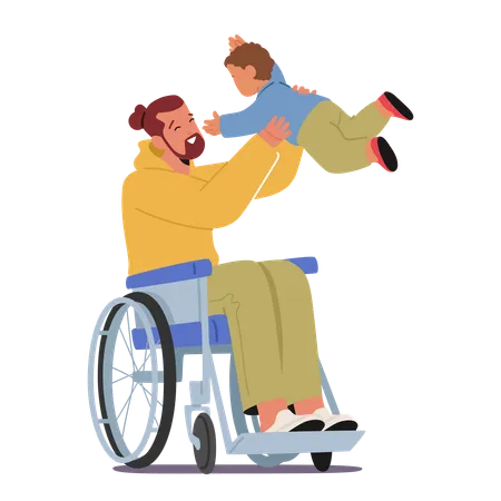 Scène aimante d'un père handicapé en fauteuil roulant  Illustration