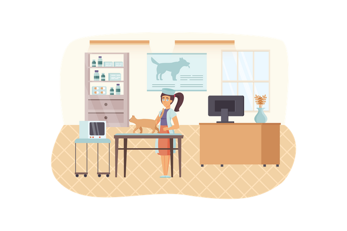 Scène de clinique vétérinaire. Vétérinaire féminine examinant le chat. Intérieur du cabinet du médecin. Médecine vétérinaire, soins pour animaux de compagnie, soins de santé, concept médical. Illustration vectorielle de personnages de personnes au design   Illustration