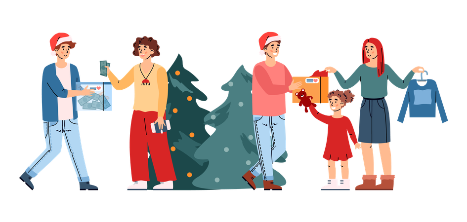 Scène de don de Noël avec des gens heureux offrant des cadeaux de vacances  Illustration