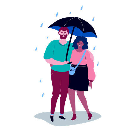 Scène de haute qualité avec un garçon et une fille vêtus de vêtements décontractés, debout sous le parapluie un jour de pluie, s'embrassant  Illustration