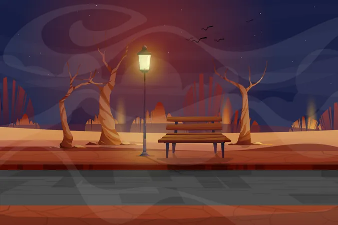 Scène de nuit avec banc en bois  Illustration