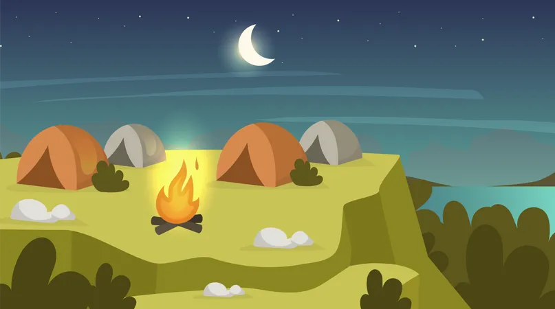Scène nocturne avec feu de camp et tentes  Illustration