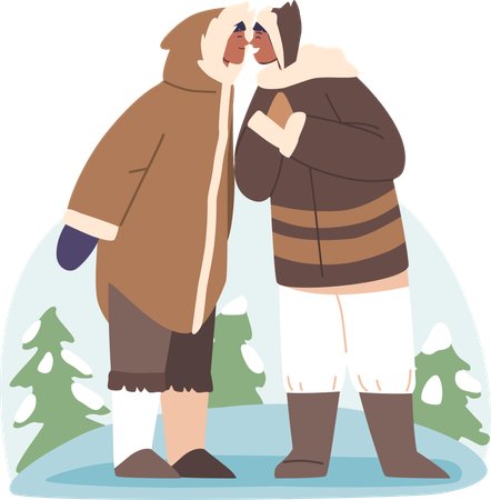 Scène de tradition esquimaude, salutation inuite avec un contact amical nez à nez  Illustration