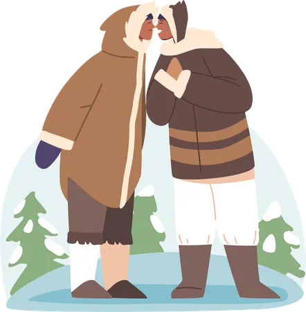 Scène de tradition esquimaude, salutation inuite avec un contact amical nez à nez  Illustration
