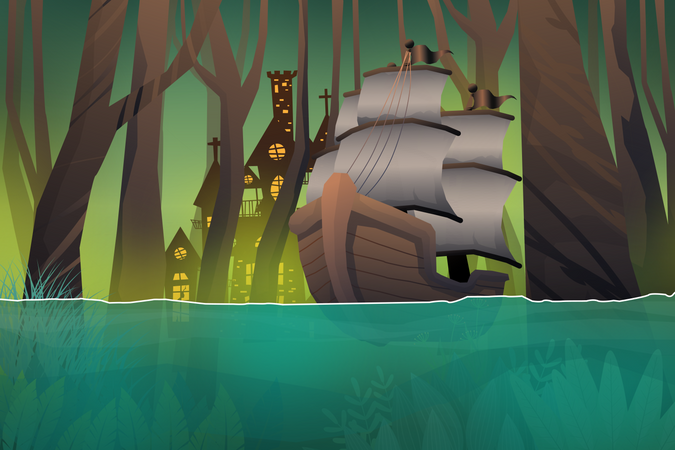 Scene Galleon floating in river at nature forest  Illustration