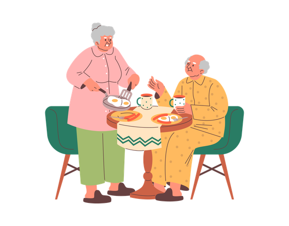 Scene of elderly couple having family breakfast  Illustration