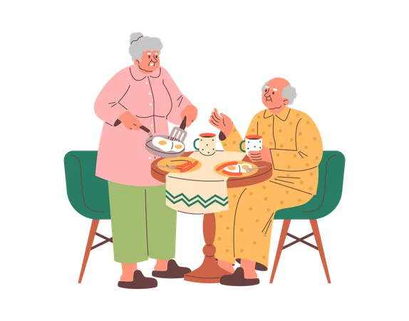 Scene of elderly couple having family breakfast  Illustration