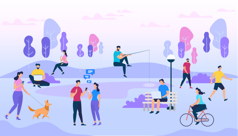 Scene with Active Family Vacation or park activity where people using devices  Illustration