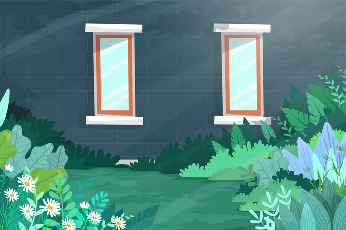 Scene with two windows on the wall of green house shines with sunlight  Illustration