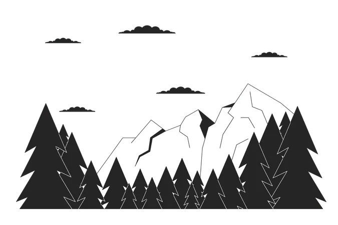 Scenery Mountain Range Pine Trees Black And White Cartoon Flat Illustration Ski Resort Summit 2 D Lineart Landscape Isolated Clouds Above Mountains Springtime Monochrome Scene Vector Outline Image Illustration