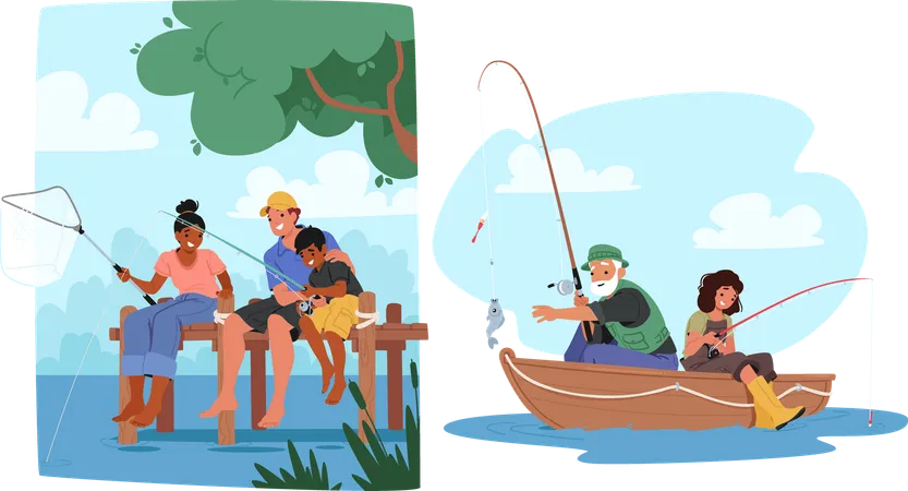 Scènes de pêche récréative. Une famille profite d'une expérience de pêche paisible sur un quai en bois, entourée d'eaux sereines  Illustration