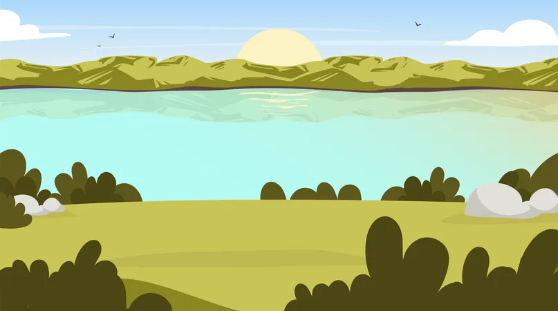 Field View Flat Vector Illustration Sunrise In Valley Water Stream Scenic Park Opening With Lake Outdoor Panoramic Scene Sunset On Green Hill Green Environment Cartoon Background イラスト