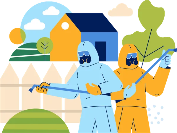 Schädlingsbekämpfung durch Versprühen von Chemikalien über Nutzpflanzen auf dem Feld  Illustration