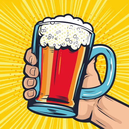 Schaumiger Glaskrug Bier in der Hand  Illustration