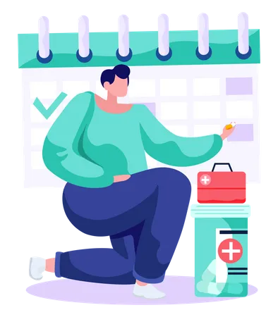 Schedule Of Treatment Procedures And Taking Pills Concept Of System Reminder Regular To Visit Doctor Woman Patient Pulls The Medicine Out Of The Bag Sitting Near A Large Calendar With Marks Illustration