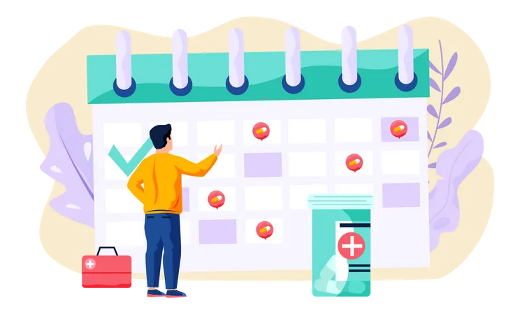 Schedule Of Treatment Procedures And Taking Pills Concept Of System Reminder Regular To Visit Doctor Male Patient Stands Near A Large Calendar With Marks Points With Hand Back View Flat Vector Illustration