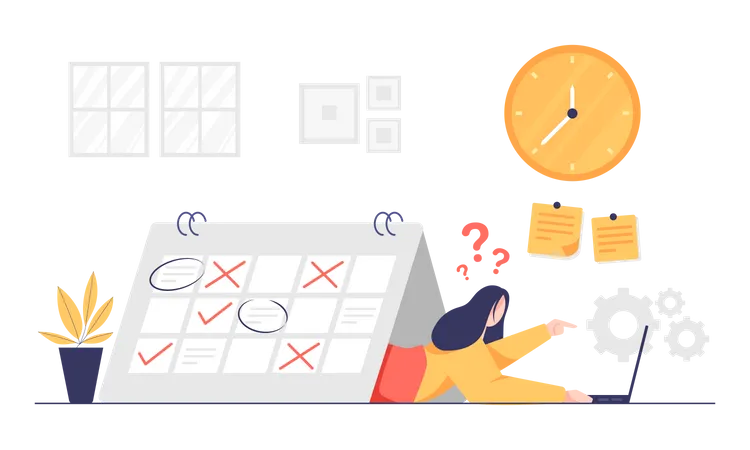 Young Woman Working On Laptop Computer With Circle Date On Huge Calendar Planning Important Matter Work Organization Concept Artoon Vector Illustration Illustration