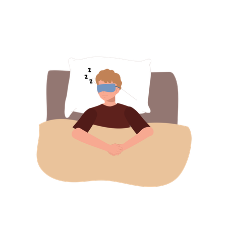 Schlafender Mann im Pyjama mit Augenmaske auf dem Bett  Illustration