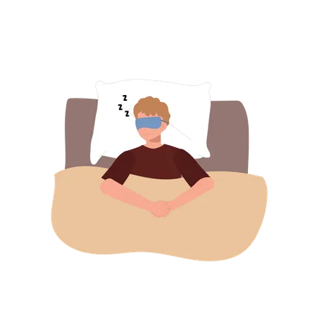 Schlafender Mann im Pyjama mit Augenmaske auf dem Bett  Illustration