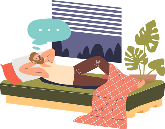 Schlafloser Mann liegt wach im Bett und versucht einzuschlafen  Illustration