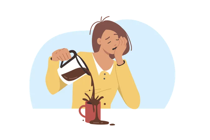 Schläfrige Frau verschüttet heißen Kaffee  Illustration